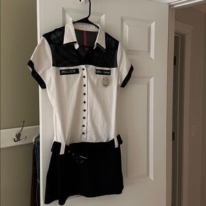 Halloween sexy police black & white dress belt, gloves, baton, handcuffs